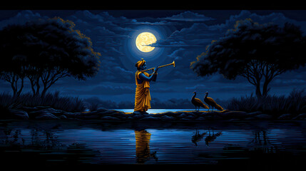 Poster - serene night scene featuring figure playing flute by moonlit river, surrounded by lush trees and peacocks. tranquil atmosphere evokes sense of peace and harmony
