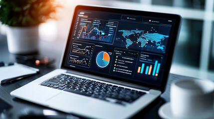 Fototapete - digital dashboard displaying key performance indicators on laptop, showcasing graphs, charts, and world map, symbolizing data analysis and business intelligence