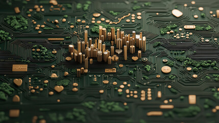 Aufkleber - high quality 3D image of digital cityscape on circuit board, symbolizing technology and health. intricate design features various health related icons and structures