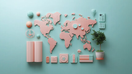 Leinwandbilder - colorful 3D visualization of world map with pastel elements, showcasing health and wellness themes. design features books, plants, and various health related icons, creating vibrant atmosphere