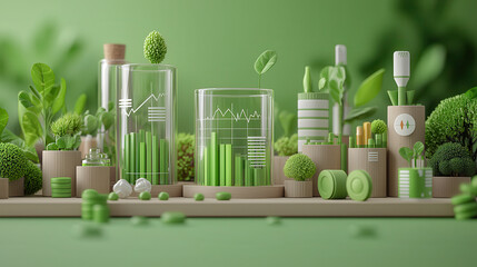 Poster - vibrant 3D visualization showcasing green themed data analysis with plants, graphs, and eco friendly elements, symbolizing sustainability and health