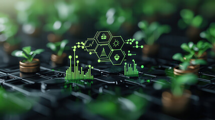 Poster - Innovative 3D visualization of health and technology integration, featuring green plants and digital elements representing data and growth