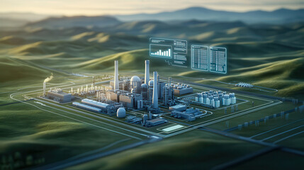 Aufkleber - high resolution birds eye view of modern power plant surrounded by green hills, showcasing advanced technology and infrastructure. scene conveys innovation and sustainability