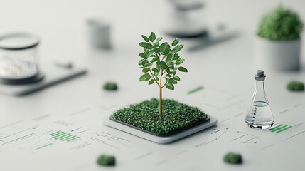 Fototapete - realistic 3D scene for World Health Day featuring small tree on grass, laboratory flask, and greenery in modern setting. This symbolizes health and sustainability