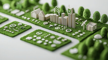 Poster - 3D scene depicting sustainable city with green landscapes, buildings, and eco friendly symbols, emphasizing environmental awareness and health