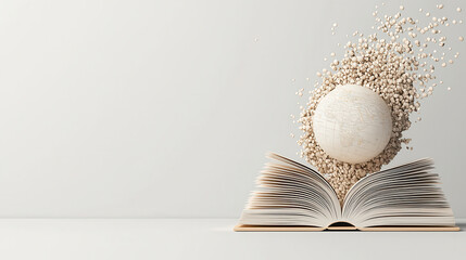 Aufkleber - realistic high resolution illustration of open book with globe emerging from it, surrounded by small particles. This symbolizes knowledge and exploration