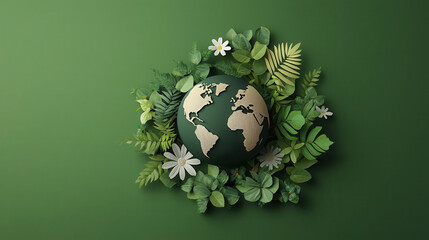Poster - realistic illustration of Earth surrounded by lush green foliage and flowers, symbolizing nature and environmental awareness. This vibrant composition evokes sense of harmony and sustainability