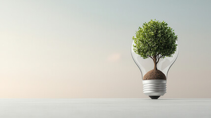 Poster - tree growing inside light bulb symbolizes sustainability and innovation. This unique concept blends nature and technology, representing eco friendly ideas and growth