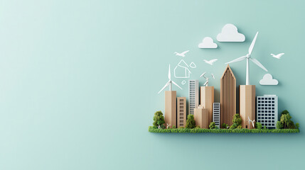 Aufkleber - clean, pollution free city with modern buildings, wind turbines, and greenery represents sustainability and innovation. This illustration showcases eco friendly urban living