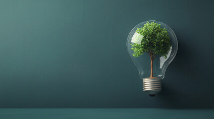 Poster - light bulb with tree growing inside symbolizes eco friendliness and sustainability. This creative design represents fusion of nature and technology, promoting environmental awareness