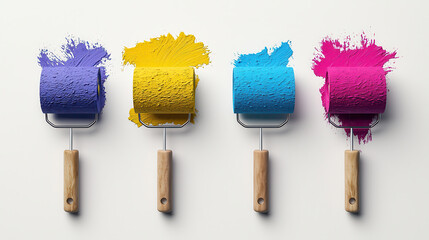 Fototapete - set of four paint rollers in vibrant colors blue, purple, yellow, and pink, showcasing textured paint strokes. Perfect for creative projects and home decor