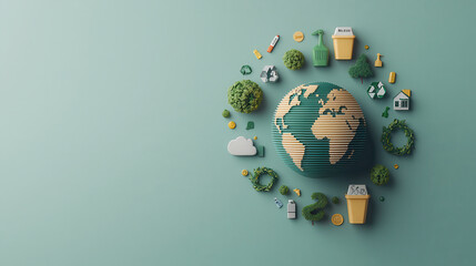 Poster - visually stunning representation of globe surrounded by eco friendly symbols, including plants, recycling icons, and sustainable items, promoting environmental awareness and sustainability