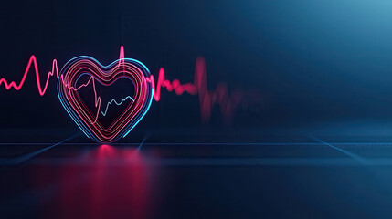 Poster - vibrant heart shape with rhythmic heartbeat lines in neon light, symbolizing love and life. glowing design creates captivating visual effect