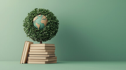 Poster - artistic portrayal of tree made of books with globe on top, symbolizing knowledge and sustainability. This creative design emphasizes importance of education and environmental awareness