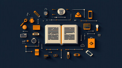Poster - illustration of digital book surrounded by various icons representing technology, communication, and information. This design conveys modern approach to reading and learning