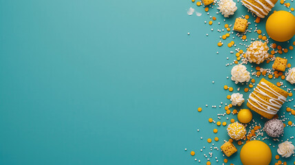Poster - Colorful arrangement of yellow and white desserts on turquoise background, perfect for celebrations. vibrant colors and textures create joyful atmosphere