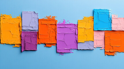 Fototapete - Bright abstract art featuring vibrant mix of textured paint squares in various colors, including orange, purple, blue, and yellow, creating lively and dynamic composition