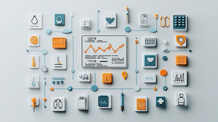 Poster - modern 3D illustration of health data analytics featuring various medical icons, charts, and symbols, representing World Health Day and digital health solutions