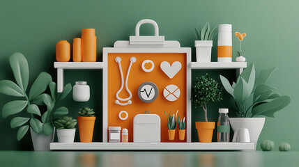 Poster - vibrant 3D scene showcasing health themed items on shelf, featuring plants, medical symbols, and colorful containers, creating fresh and inviting atmosphere