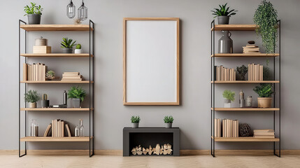 Aufkleber - Modern living room with stylish shelves, plants, and blank frame