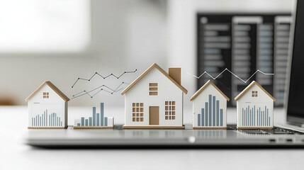 Fototapete - detailed 3D illustration of white house models representing real estate trends and market analysis. image conveys growth and investment in property