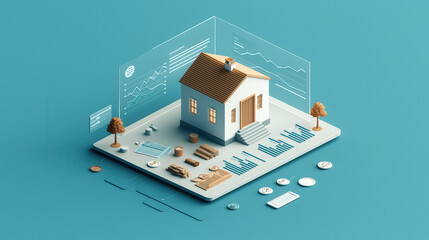 Fototapete - detailed 3D illustration of white house model surrounded by construction materials and data charts, showcasing modern architecture and design concepts