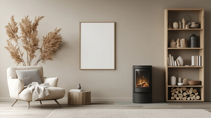 Aufkleber - Cozy living room with modern fireplace, comfortable chair, and decorative shelf. warm ambiance invites relaxation and comfort, perfect for serene home environment