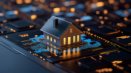 Poster - 3D white house model sits on dark grey laptop keyboard, symbolizing intersection of technology and real estate. glowing lights create modern ambiance