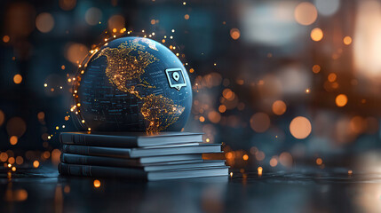 Leinwandbilder - globe illuminated with lights sits atop stacked books, symbolizing knowledge and exploration. background features bokeh effect, enhancing atmosphere of discovery and learning