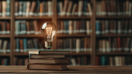 Aufkleber - glowing light bulb above stacked books symbolizes knowledge and inspiration in library setting. warm ambiance invites curiosity and learning