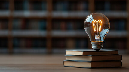 Aufkleber - glowing light bulb on stacked books symbolizes knowledge and creativity in library setting. warm light contrasts with dark shelves, creating inspiring atmosphere