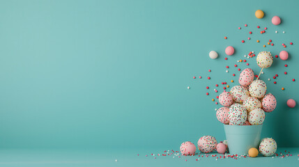 Poster - Colorful decorative eggs and sprinkles in pastel bucket on teal background create playful and festive atmosphere. Perfect for celebrations and springtime events