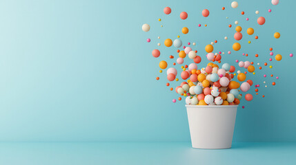 Fototapete - vibrant explosion of colorful spheres emerging from white pot against light blue background, creating playful and cheerful atmosphere