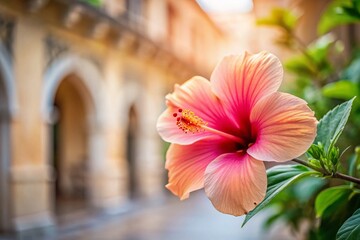 Wall Mural - Soft Focus Hibiscus Flower, Chinese Rose, Architectural Detail