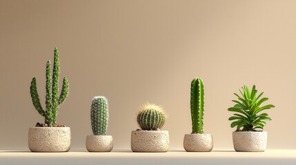 Aufkleber - Lush green cacti in textured pots, showcasing various shapes and sizes against neutral background, creating serene and modern aesthetic