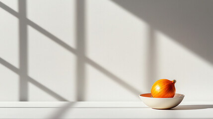 Aufkleber - vibrant orange onion sits in simple bowl, casting soft shadows on minimalist surface. interplay of light and shadow creates serene atmosphere