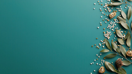 Fototapete - Elegant green background with decorative leaves, pine cones, and golden accents, perfect for festive occasions or seasonal themes