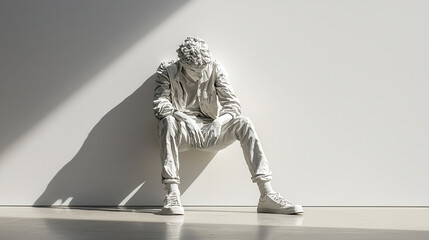 Poster - modern sculpture of seated figure in minimalist style, showcasing intricate details and monochromatic color scheme. figure appears contemplative, casting shadow on wall