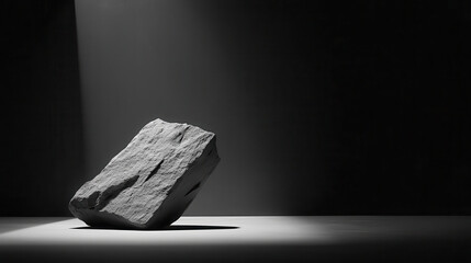 Poster - large rock sits in spotlight, creating dramatic contrast between light and dark, emphasizing its texture and form in minimalist setting