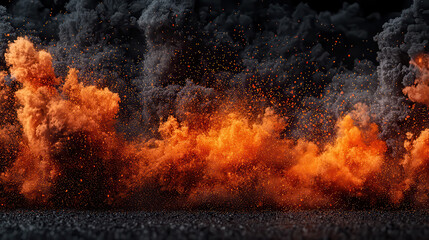 Leinwandbilder - Explosive orange smoke billows against dark background, creating dramatic and intense atmosphere. vibrant hues and dynamic movement evoke sense of energy and power