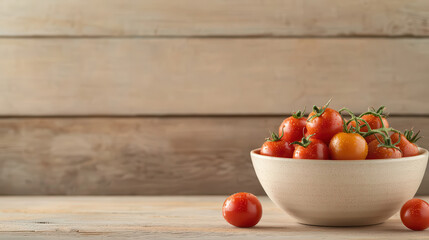 Aufkleber - Fresh cherry tomatoes in round cream bowl on wooden table, showcasing vibrant colors and natural textures. Perfect for healthy recipes and summer dishes
