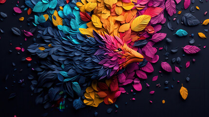 Aufkleber - Colorful paper art featuring bird head surrounded by vibrant leaves, showcasing intricate details and striking design that captivates viewer attention