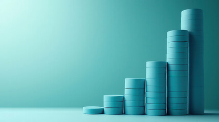 Aufkleber - Rising economic indicators represented by stacked blue coins on teal background, symbolizing growth and financial success