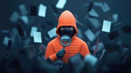 Aufkleber - masked figure in orange hoodie holds magnifying glass, surrounded by scattered papers, creating mysterious atmosphere
