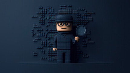 Aufkleber - 3D cartoon character wearing detective outfit holds magnifying glass against dark, textured background. character exudes sense of curiosity and investigation