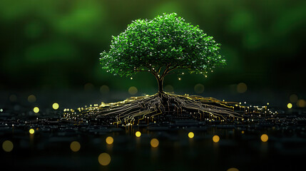 Poster - digital tree with glowing roots, symbolizing connection between nature and technology, stands out against dark background filled with soft lights