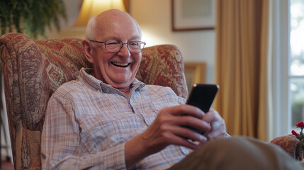 A cheerful senior man reclining in a comfortable chair, holding his phone and smiling as he sends a message