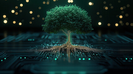 Fototapete - digital tree glowing in emerald hues, rooted in circuit board, symbolizes fusion of nature and technology, creating captivating visual experience