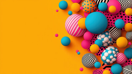 Leinwandbilder - Vivid abstract graphic pattern with dynamic shapes and colorful spheres. design features vibrant mix of blue, pink, and black elements against bright yellow background, creating energetic visual
