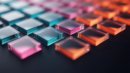 Leinwandbilder - Vividly colored glass cubes arranged in pattern, showcasing overlapping layers and vibrant hues of blue, pink, and orange. composition creates striking visual effect
